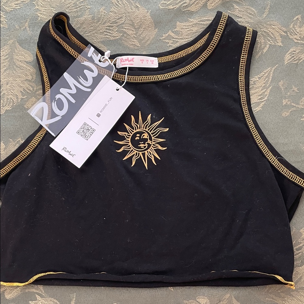 ROMWE Black Tank Top with Gold Sun Embroidery